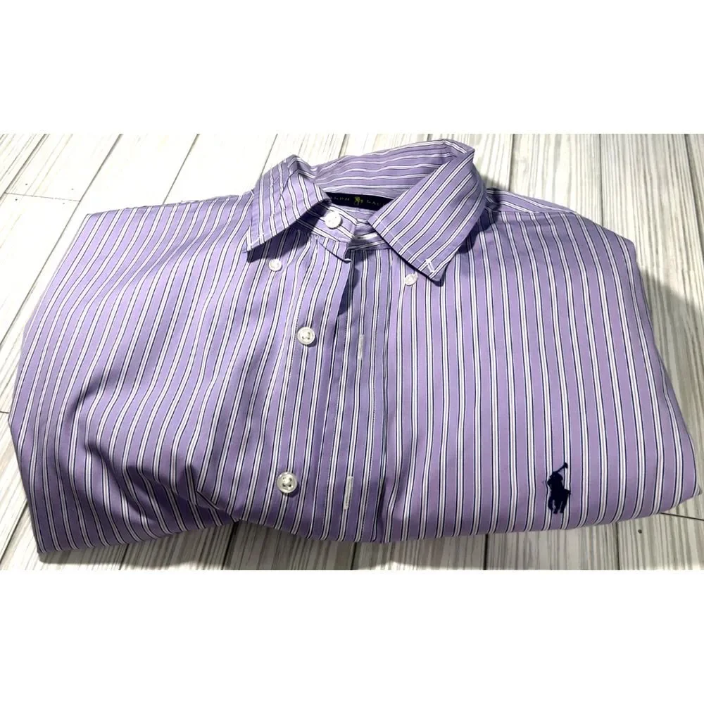 Polo Ralph Lauren Dress Shirt Mens 17‎ Purple White Striped Blue Horse Button Up